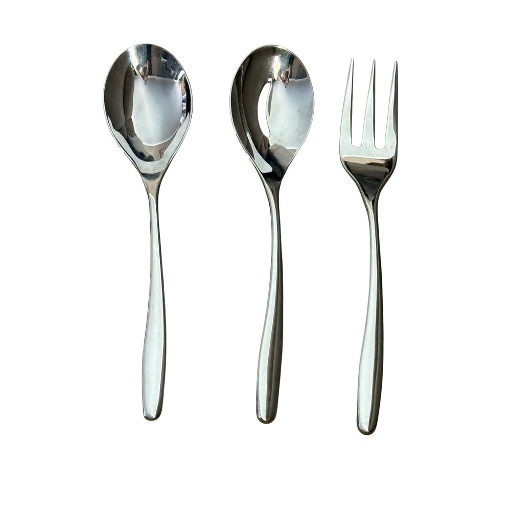 Nambe Bend 3 Piece Stainless Steel Serving Set Spoon Slotted Spoon Meat Fork